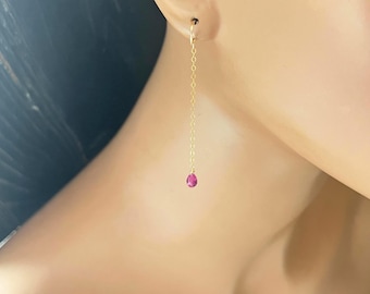 Red Ruby 14k Gold Filled Earrings: Long Dangle Gemstone Chains