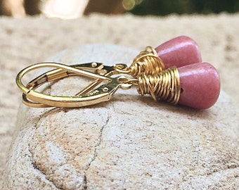 Pink Rhodonite Earrings, gemstone dangles, drops, petite jewelry, minimalist.  Natural stone. 14k gold silver rose gold or tarnished silver