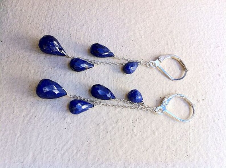 Dark Blue Sapphire stone .925 silver cascade earrings, September birthstone, Virgo jewelry, gemstone earrings. Gold available. image 2