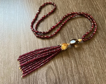 Natural Garnet mala necklace, burgundy gold accents, one-of-a-kind jewelry. Kundalini Yoga.