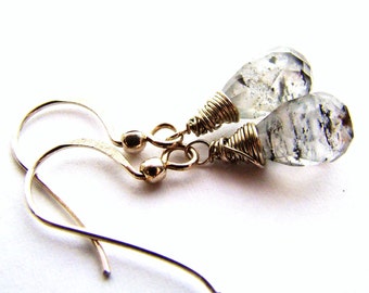 Sale black Rutilated Quartz dangle Earrings, petite Rutile crystal drops, sterling silver, grey gemstone jewelry.
