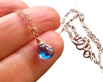 Natural London Blue Topaz stone tiny pendant necklace, gold fill, December birthsone jewelry