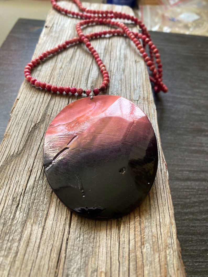 pink orange gemstone. one of a kind statement Coral 32\u201d long necklace beaded Mala Abalone shell pendant jewelry