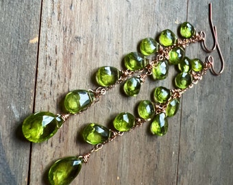 Natural green Peridot 14k rose gold cascade long earrings, genuine stone, August birthstone jewelry