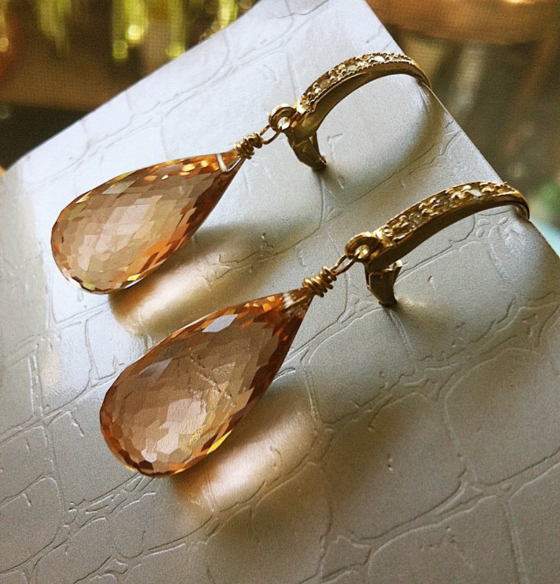 Morganite Earrings. Peach Morganite. Morganite dangles. Pink Orange. Gold Pave Leverbacks. Statement earrings. Luxury jewelry image 4