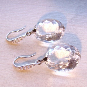 Genuine Clear Quartz Sterling Pave Earrings pave.  Oval crystal stone dangles.  Diamond sparkle.  Evening jewelry.  Beautiful jewelry