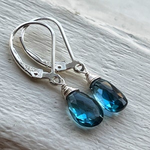 London Blue Topaz earrings, small dangles, sterling silver drops, tiny blue gems, December birthday, bridesmaids gifts, petite jewelry.