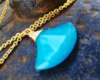 Sale Blue Chalcedony pendant necklace, modern jewelry, fan gem, gold, silver, rose gold, tarnished silver