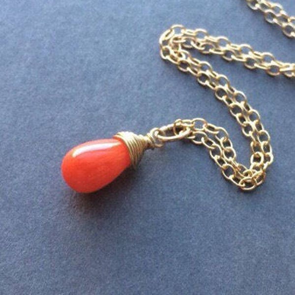 Tiny Coral pendant Necklace - pink orange white red. Natural Coral. Gold jewelry. Wire wrapped. Minimalist. Layered necklace