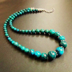 Azurite Chrysocolla Necklace, statement jewelry, descending, beaded necklace, blue green gemstone, classy gift for mother, wife, bridesmaids