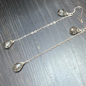 Black tourmalated Quartz earrings. Rutile dangles, long sterling silver. Natural gemstone drops. image 1