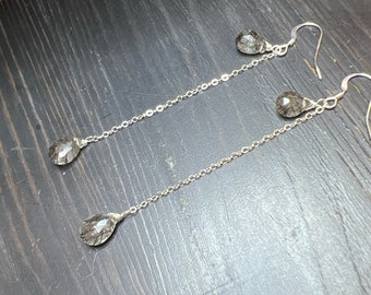 Black tourmalated Quartz earrings. Rutile dangles, long sterling silver. Natural gemstone drops.