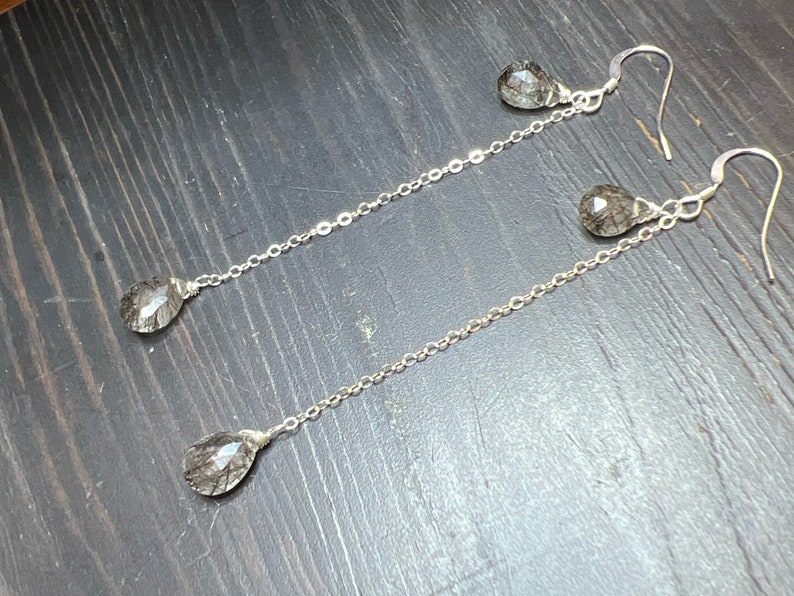 Black tourmalated Quartz earrings. Rutile dangles, long sterling silver. Natural gemstone drops. image 1