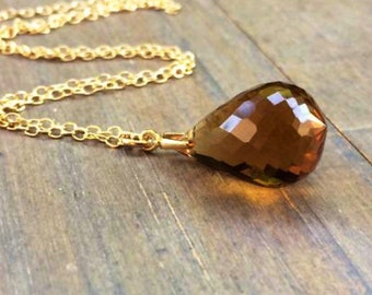 Madeira Citrine Teardrop Pendant Necklace: 14k Gold Fill, November Birthday