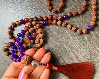 Rudraksha, Amethyst, Carnelian Mala necklace, tassel, yoga jewelry, natural gemstone