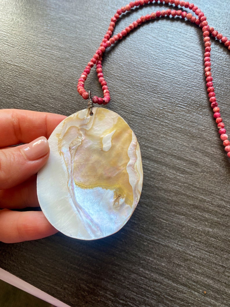 pink orange gemstone. one of a kind statement Coral 32\u201d long necklace beaded Mala Abalone shell pendant jewelry