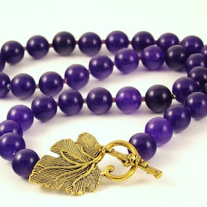 Purple Amethyst Beaded Necklace: 24k Gold Grape Leaf Clasp