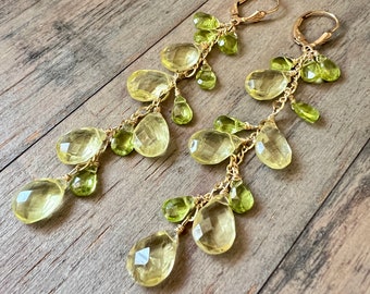 14k gold Natural Green Peridot, Yellow Lemon Quartz Cascade Earrings, long chains, August birthstone jewelry, delicate dangles.
