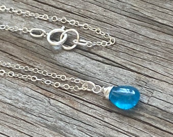 Neon Blue Apatite Pendant Necklace.  Sterling silver, gemstone teardrop.  Bridal jewelry.  Dainty necklace