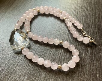 Rose Quartz necklace, pale pink beaded gemstones, asymmetrical jewelry. One of a kind gift.