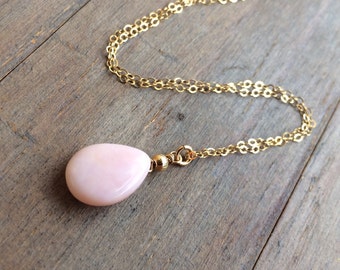 Natural Pink Opal pendant gold necklace.  Genuine Solitaire drop.  Gemstone jewelry.  Pale pink Opal. Bridal jewelry