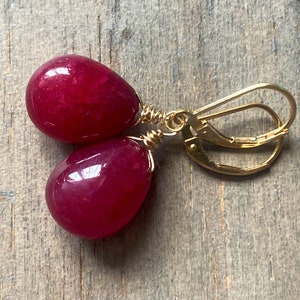 Natural Red Ruby Dangle Earrings: 14K Gold Fill Wire Wrapped Drops