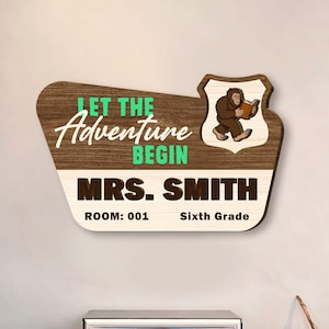 Personalized Teacher Name Sign for Door, Explore With Bigfoot Classroom Decor, Custom Grade & Room Number Hanger Gift TT