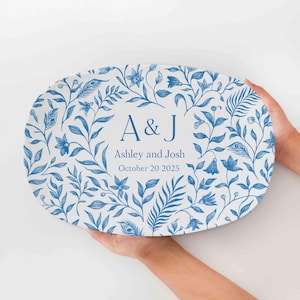Custom Wedding Platter, Customize Blue & White Toile Plate with Names and Date, Unique Keepsake for Bride and Groom THT