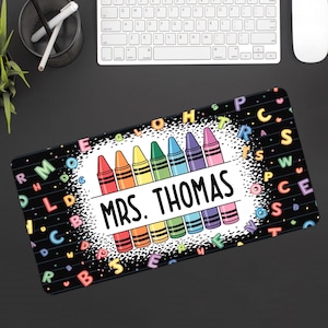 Personalized Teacher Desk Mat, Custom Teacher Name Crayon design desk mat, Back To School, Teacher Appreciation Gift, office decoration THT