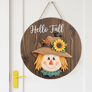 Hello Fall Scarecrow Door Hanger, Welcome Fall Wooden Door Sign, Fall Front door decoration, Autumn Decor, Pumpkin Fall Door Sign