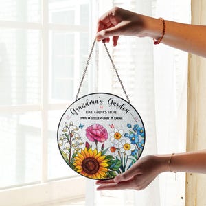 Custom Grandma&#39;s Garden Stained Glass, Personalized Love Grows Here Suncatcher, Birth Month Flowers With Names Gift, Mothers Day Gift