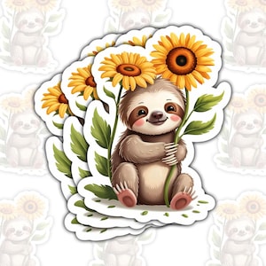 3Pcs Sloth With Sunflower, Sloth Sticker, Laptop Sticker, Cute Animal Stickers, Jungle Animals Art, Spring Flowers TT