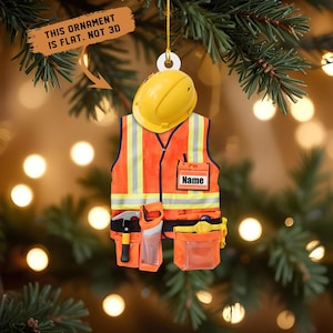 Personalized Construction Worker Christmas Ornament, Personalized Construction Worker Safety Vest Ornament THT