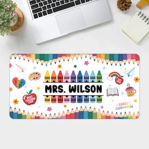 Personalized Colorful crayon Teacher Desk Mat with Name, Back To School, Teacher Appreciation Gift, office decoration THT