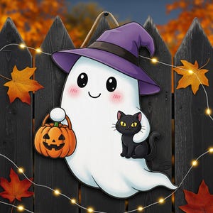 Cute Ghost with black cat Door Sign, Halloween Wooden Door Hanger, Fall Porch Decoration, Spooky Front Door Sign THT