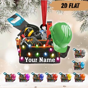 Custom Name Construction Worker Christmas Light Ornament | Personalized Mechanic Tools Ornament, Construction Tool Box ornament THT