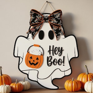Halloween Hey Boo Door Sign, Welcome Halloween Wooden Door Hanger, Front door decoration, Spooky Front Door Sign