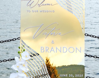 Mirror Gold Acrylic Wedding Welcome Sign, 3D Modern Entrance Signage