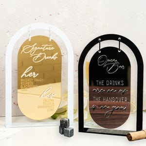 Menu de bar de mariage miroir doré, Enseigne de boisson signature en acrylique, Signalétique de menu de cocktails, Menu de boissons signature, Enseigne de bar ouvert personnalisée, Décoration de mariage
