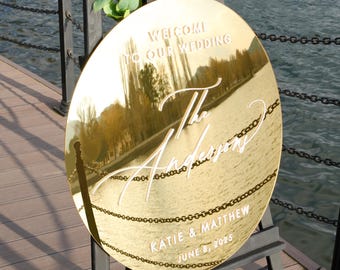 Personalized Gold Mirror Acrylic Wedding Welcome Sign, Round Fall Entrance Signage