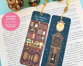 Vintage Bookshelf Bookmark: Illustrated Bookworm Gift with Optional Gold Tassel