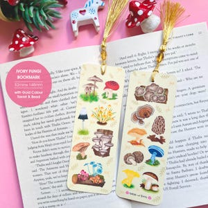 Ivory Fungi - Handmade Illustrated Bookmark – Optional Gold Tassel and Bead – Perfect Stationery Gift for Readers & Bookworms