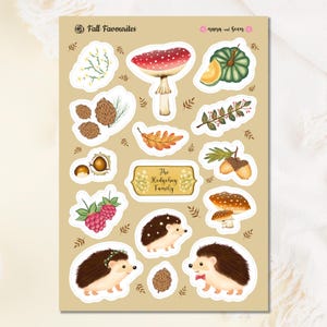 Feuille d'autocollants favoris de l'automne - Stickers en vinyle imperméable - Famille hérisson - Stickers agendas, carnets de notes et albums de scrapbooking - Stickers cadeau