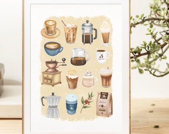 May include: A framed print featuring watercolor illustrations of various coffee drinks, including lattes, iced coffee, and espresso. The artwork also includes a coffee grinder, coffee beans, and a bag of coffee. The color palette is warm, with browns and creams.