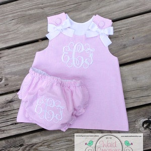 Monogram baby girl dress Gingham A Line monogram baby infant toddler girls dress & bloomers custom handmade