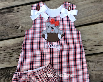 Collegiate girl dress and bloomers, college mascot bubble suit romper