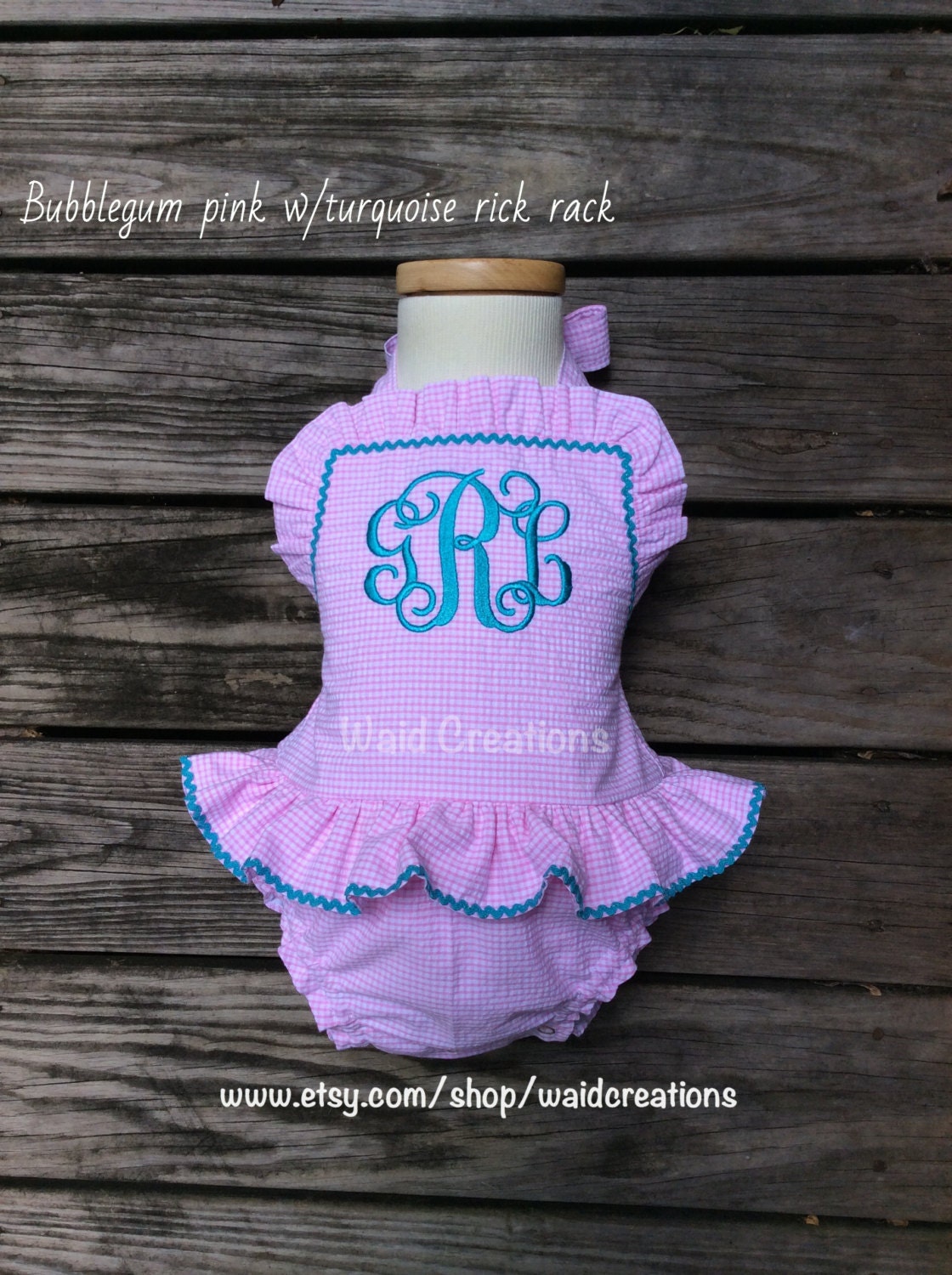 Monogram baby toddler girl swimsuit bathing suit with snaps in crotch