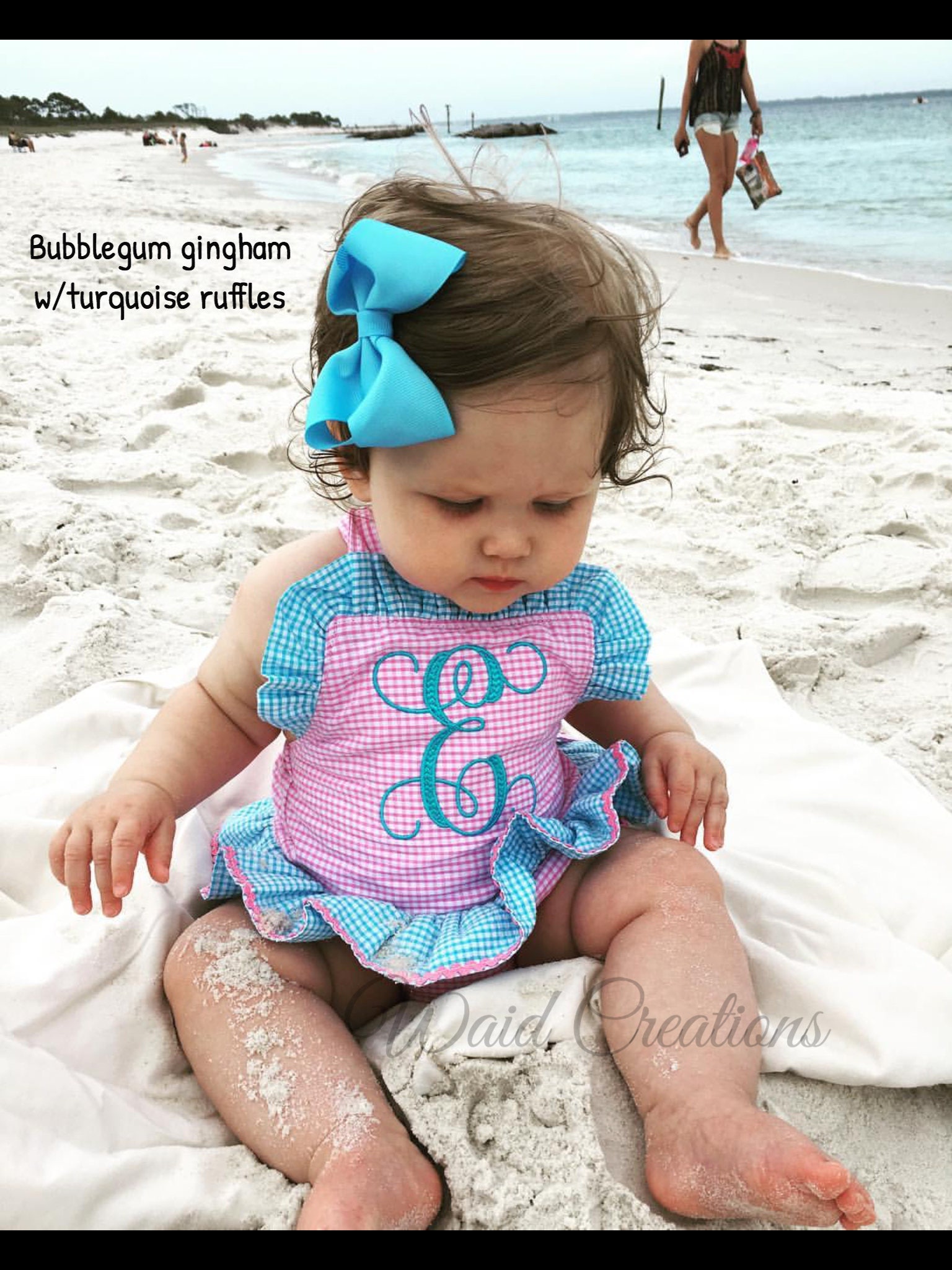 Monogram baby toddler girl swimsuit bathing suit with snaps in crotch