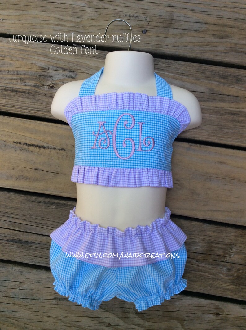 Monogram baby Toddler Girls 2 piece boutique handmade ruffle gingham swimsuit monogram bikini