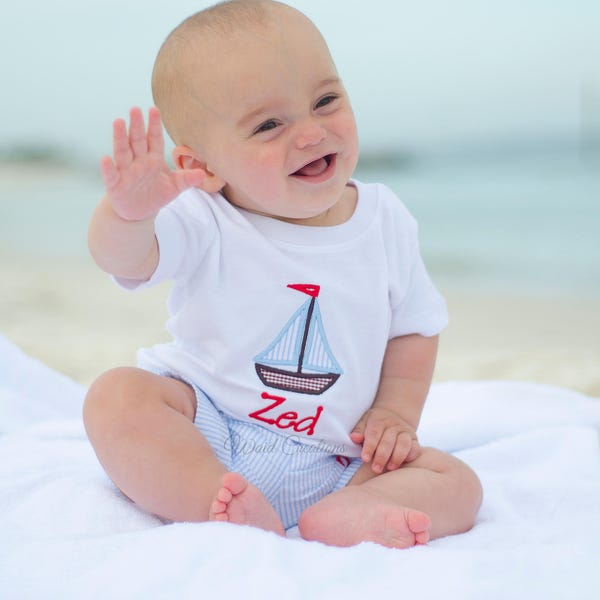 Baby boy bathing suit with applique shirt, sailboat shirt, anchor shirt, boy monogram swim Toddler boy gingham swimsuit WITH matching shirt